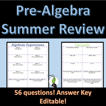 Preview of Pre Algebra Summer Review Packet EDITABLE Back to School