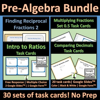 Preview of Pre Algebra Task Card Bundle | Fractions | Decimals | Ratios | Exponents