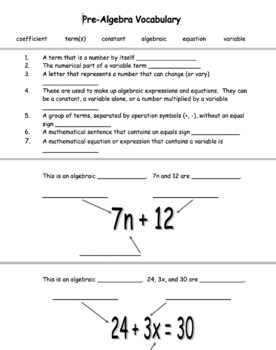 Preview of Writing Algebraic Expressions Pre-Algebra VOCABULARY Notes Interactive