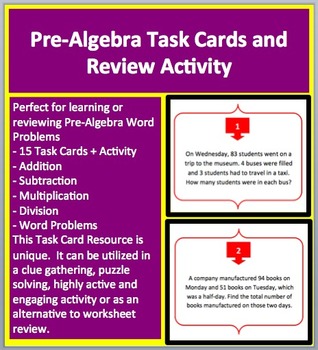 Preview of Pre-Algebra Word Problem Task Cards and UNIQUE Activity