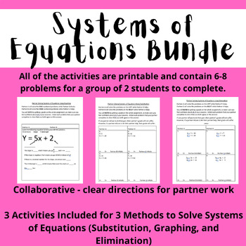 Preview of System of Equations - 3 Activities (1 per Method to Solve) Partners - Printable