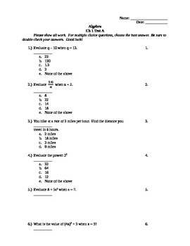 Preview of Pre-Algebra/Algebra Chapter 1 Test Common Core