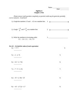 Preview of Pre-Algebra/Algebra Chapter 2 Test Common Core