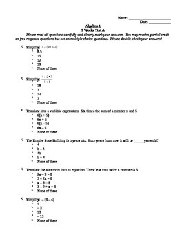 Preview of Pre-Algebra/Algebra First 9 Weeks Test