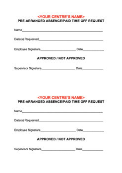 Preview of Pre-Arranged Absence/Paid Time Off Request Form