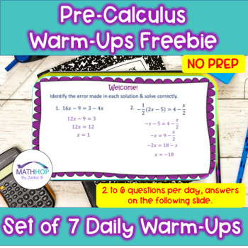 Preview of Pre-Calculus 1st Semester Warm-Ups or Bell Ringers FREEBIE