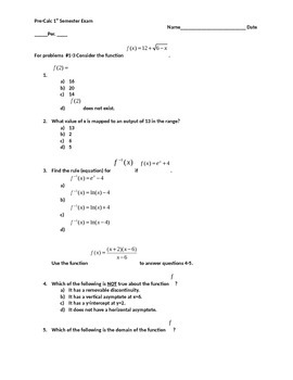 Pre Calculus Semester 1 Exam Mr Jc Teachers Pay Teachers