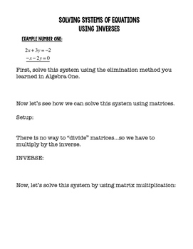 Pre Calculus Solving Systems of Equations with Matrices Notes, Quiz