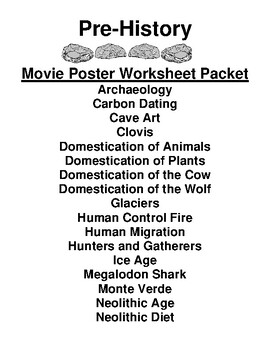 Preview of Pre-History "Movie Poster" WebQuest & Worksheet Packet (28 Topics)