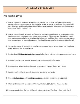 Preview of Pre K All About Us Unit of Study Planning Guide