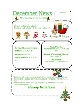 Pre K December Newsletter by Kayla Smalley | TPT