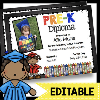 Preview of Pre-K Diplomas EDITABLE Chalkboard PreK Certificates Graduation Photo Diploma