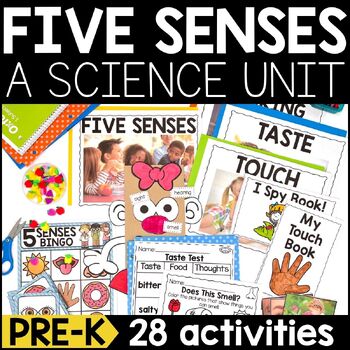 Preview of Pre-K Five Senses Science Unit | 5 Senses Worksheets, Centers, and Activities