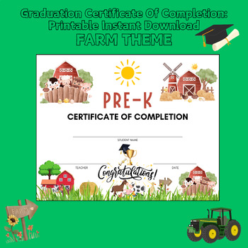 Preview of Pre-K Graduation Certificate of Completion Printable Diploma Farm Animals Theme