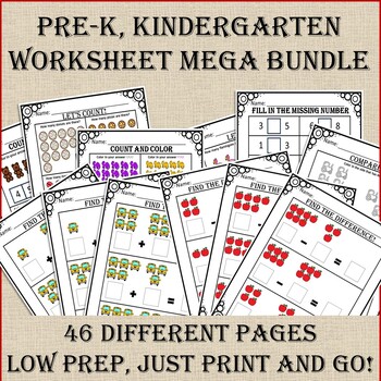 Preview of Pre-K, Kindergarten, 1st Grade Math Worksheets Activities Bundle