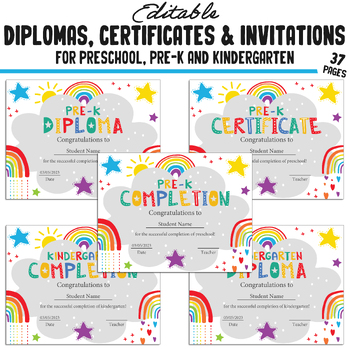 Preview of Pre-K, Kindergarten & Preschool Diplomas + Certificates + Invitations (PDF)