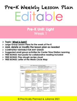 Preview of Pre-K Light Unit Week 1 Editable Lesson Plan