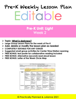 Preview of Pre-K Light Unit Week 2 Editable Lesson Plan