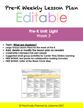 Preview of Pre-K Light Unit Week 3 Editable Lesson Plan