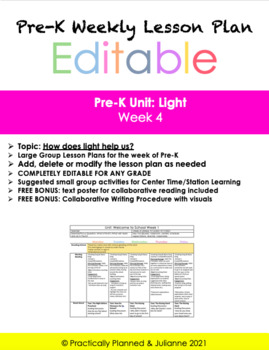 Preview of Pre-K Light Unit Week 4 Editable Lesson Plan