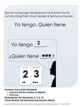 Preview of Pre K Math Talk Activity using Visual Models and Spanish Sentence Frames