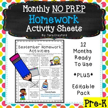 Preview of Pre-K Monthly Homework Activity Sheets