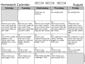 Preview of Pre-K Monthly Homework Calendar