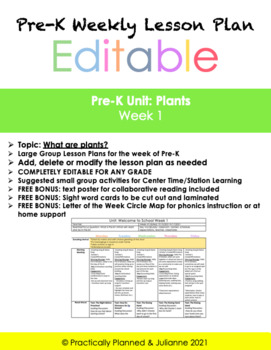 Preview of Pre-K Plants Unit Week 1 Editable Lesson Plan