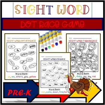 Preview of Pre-K Sight Word Center/ November Season | Low Prep | DOT Turkey RACE ACTIVITY!