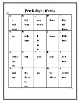Preview of Pre-K Sight Word Reference Card Homework Helper