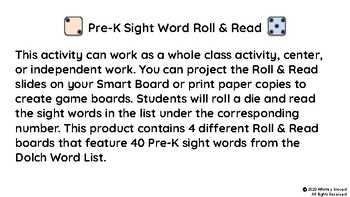 Preview of Pre-K Sight Word Roll & Read Activity
