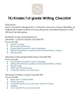Preview of Pre-K/TK/Kindergarten Writing Checklists