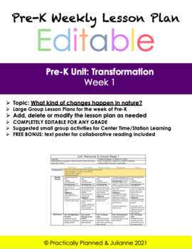 Preview of Pre-K Transformation Week 1 Editable Lesson Plan