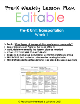 Preview of Pre-K Transportation Week 1 Editable Lesson Plan