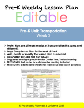 Preview of Pre-K Transportation Week 2 Editable Lesson Plan