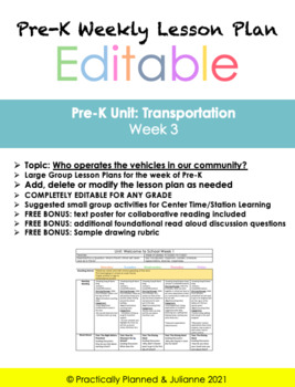 Preview of Pre-K Transportation Week 3 Editable Lesson Plan