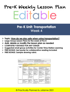 Preview of Pre-K Transportation Week 4 Editable Lesson Plan