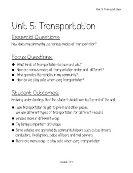 Preview of Pre-K Unit 5 Transportation Lesson Plans
