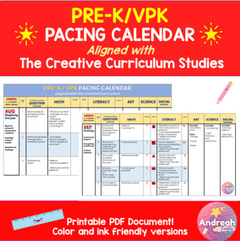 Preview of Pre-K VPK Pacing Calendar aligned with the Creative Curriculum Studies
