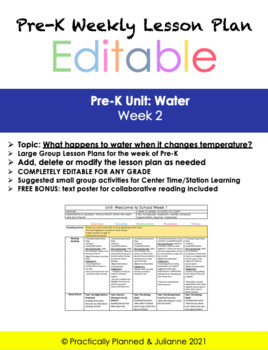 Preview of Pre-K Water Unit Week 2 Editable Lesson Plan