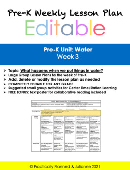 Preview of Pre-K Water Unit Week 3 Editable Lesson Plan