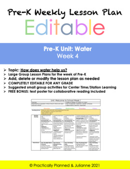 Preview of Pre-K Water Unit Week 4 Editable Lesson Plan