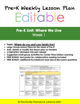 Preview of Pre-K Where We Live Week 1 Editable Lesson Plan
