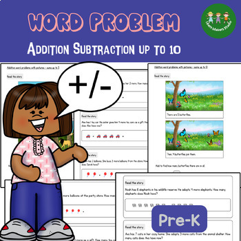 Preview of Pre-K Word Problems Addition/Subtraction up to 10 Worksheet