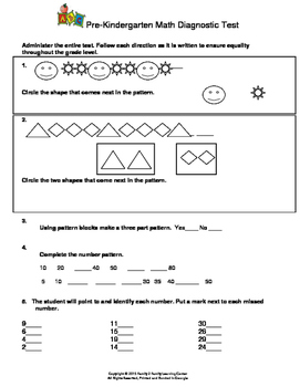 Pre-Kindergarten Math Diagnostic Test by Family 2 Family Learning Resources
