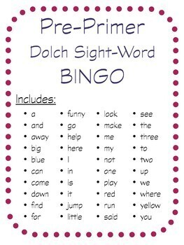 Pre-Primer Dolch Sight Word BINGO Card Printable: Includes 30 cards!
