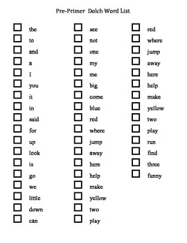 Preview of Pre Primer Dolch Checklist