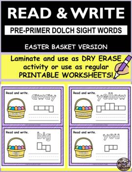 Preview of Pre-Primer Dolch Sight Word Read & Write Tracing Cards Easter Eggs Basket spring