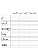 Pre-Primer Dolch Sight Words Handwriting Worksheets