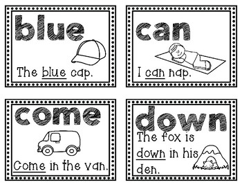 Sight Words Flash Cards with Pictures & Sentences 